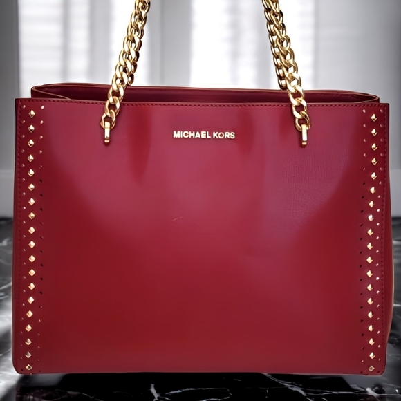 MICHAEL KORS Adele Burgundy Studded Lrg Shld Bag w/ Gld Chain & Lea Strap | EUC - Picture 1 of 16